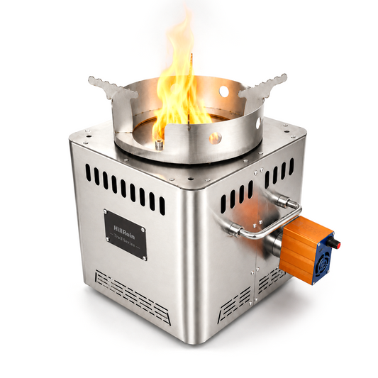 Hillrein Trail Series fan-assisted wood gasifier stove with flame