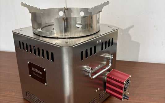 Hillrein Zhengtu fan speed wood stove cooking hardware with a red side-mounted blower and black adjustment dial