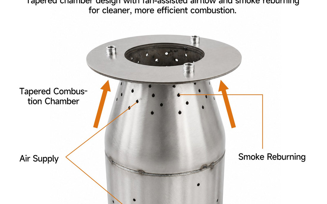 Hillrein secondary combustion wood stove chamber with air holes showing the Zhengtu airflow path before a stable burn