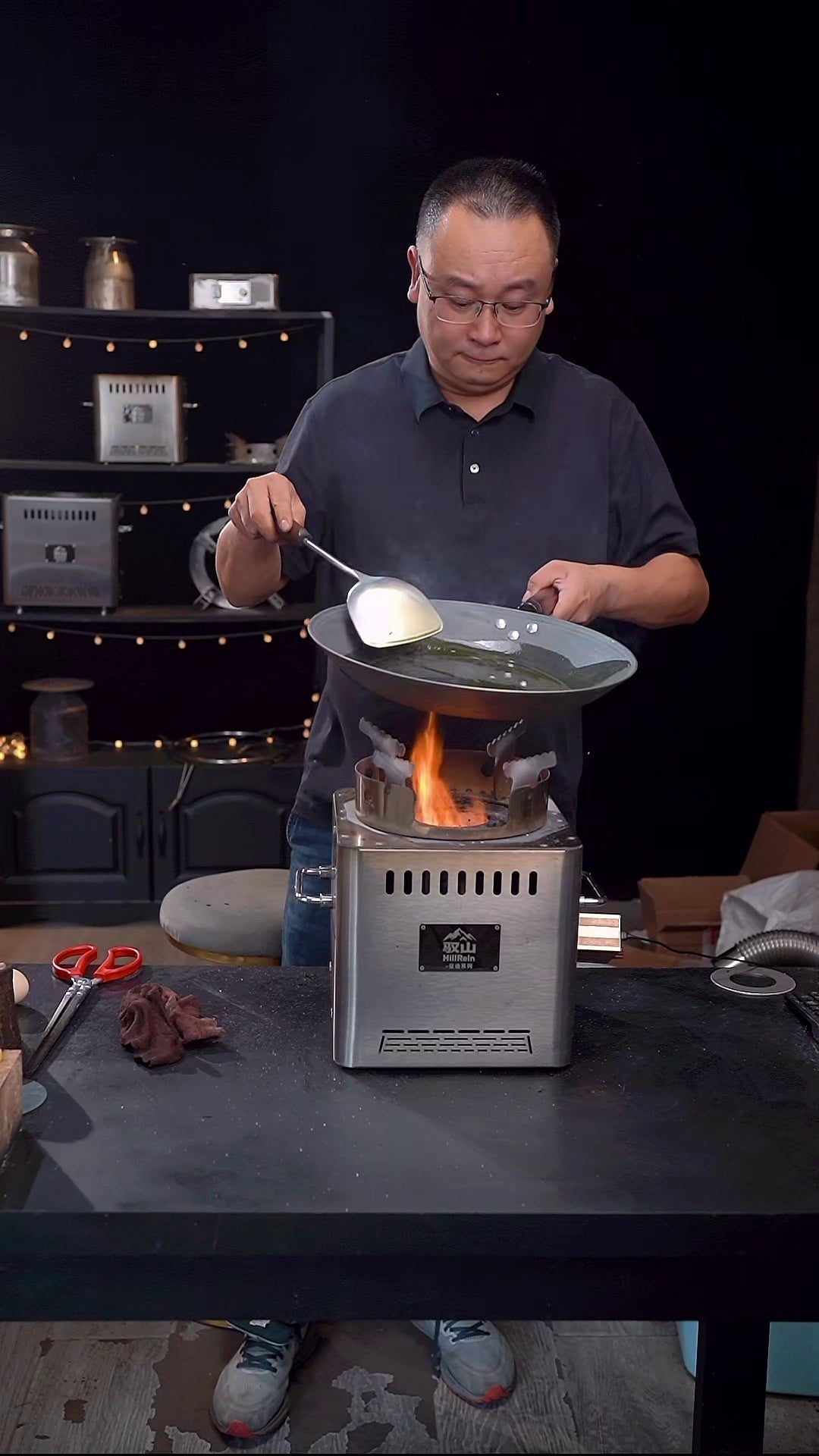 Hillrein fuel efficient wood stove cooking a real meal with short dry wood pieces and steady flame control