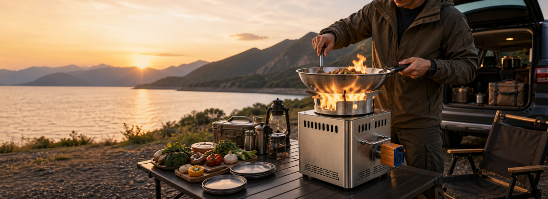 Hillrein Trail Series wood gasifier stove in a car camping kitchen setup