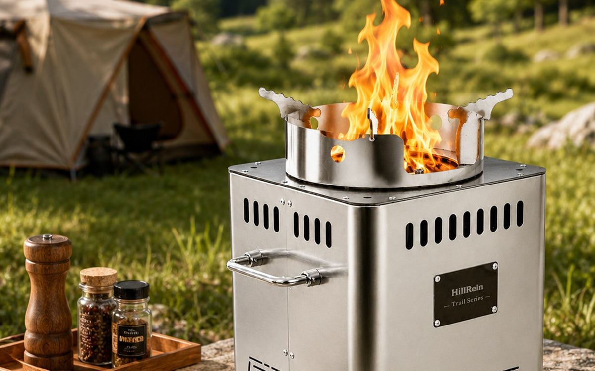 Hillrein fuel efficient wood stove image showing the Zhengtu flame and heat behavior during practical fan-controlled cooking