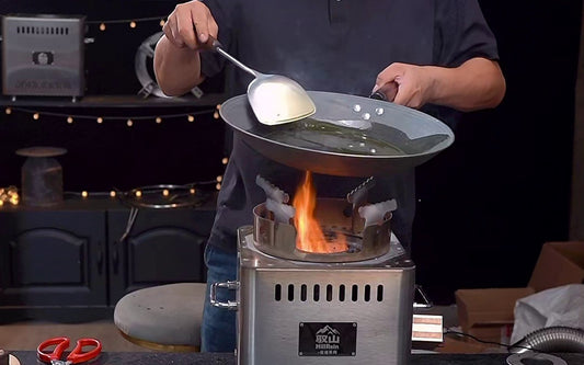 Hillrein outdoor wood cooking stove image showing Zhengtu wok cooking with ingredients ready before the high-heat phase begins