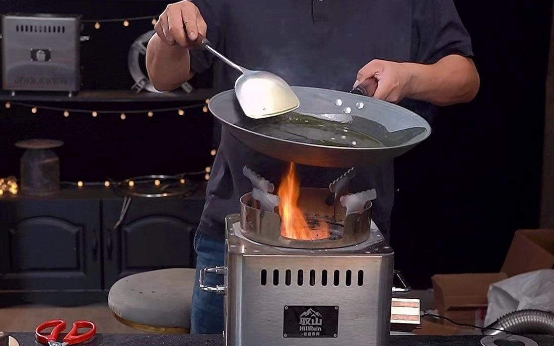 Hillrein outdoor wood cooking stove in a real Zhengtu meal setup with cook, wok, and prepared working area