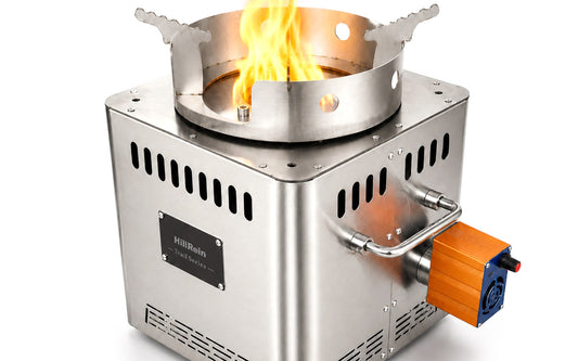 Hillrein fan speed wood stove cooking setup showing the Zhengtu blower dial used to mark repeatable simmer and high-heat settings