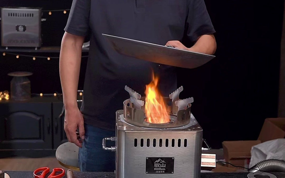 Hillrein Zhengtu portable wood burning cooking stove with a cook lifting a wok during an active meal-cooking stage