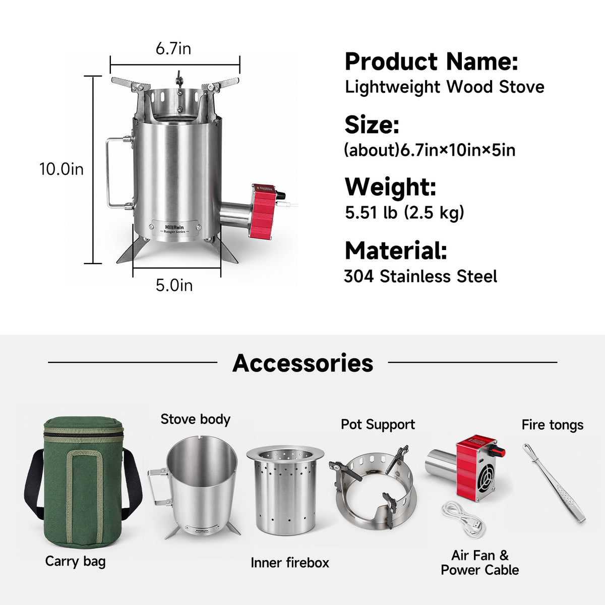 HillRein Ranger Portable Wood Gasifier Stove for Camping & Outdoor Cooking