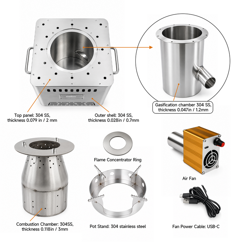 Stove components, burn chamber, pot support, blower and power cable