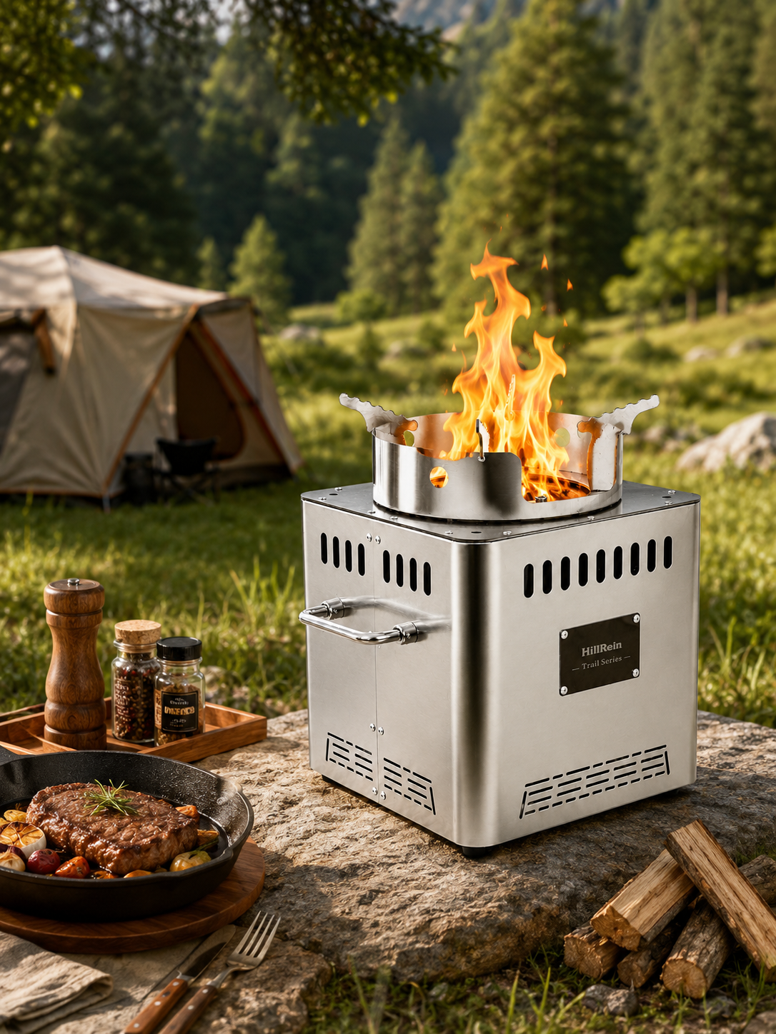 Wood-fired outdoor cooking scene with Hillrein outdoor wood stove